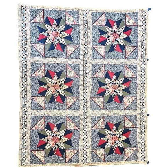 Vintage 90s‎ Hand Stitched Star Quilt Tapestry Wall Hanging Blue Roses Red 44x52 - Picture 1 of 10